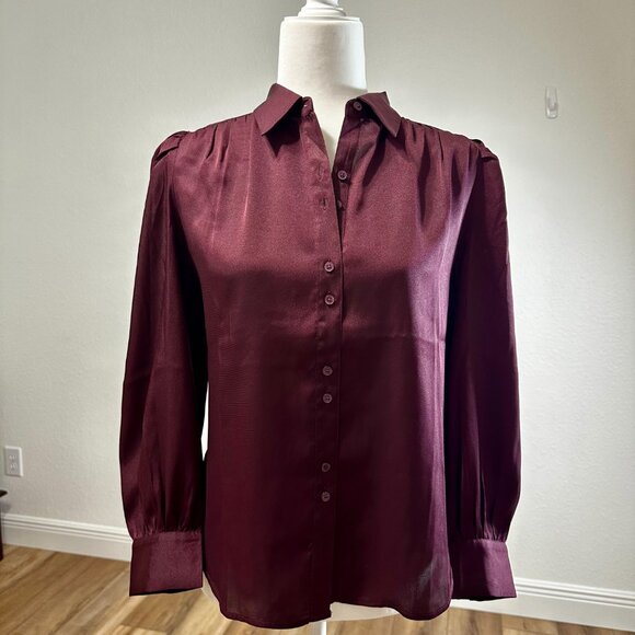 Ann Taylor Burgundy Puff Sleeve Pleated Button-Down Blouse – Size SP - Picture 15 of 16
